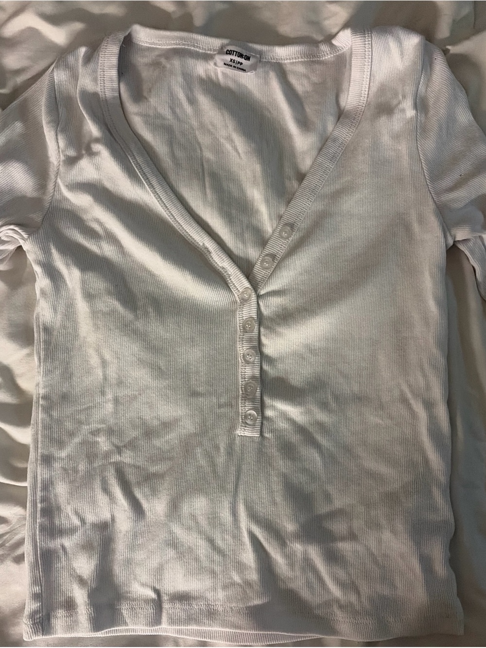 Cotton On White Ribbed Henley Long Sleeve Shirt